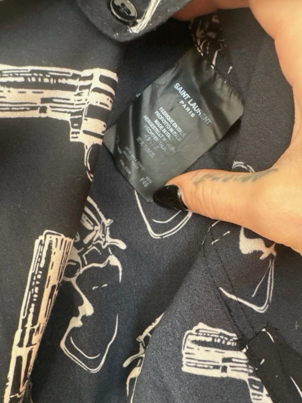 Saint Laurent SILK Black Button-Down Shirt with Ivory Revolver Print - Picture 8 of 9